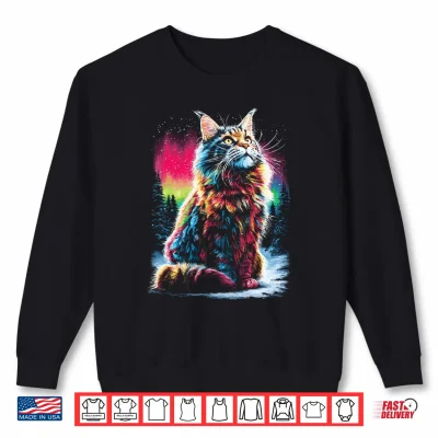 Sweatshirt Colorful Maine Coon cat Aurora Borealis Winter Season Forest Shirt