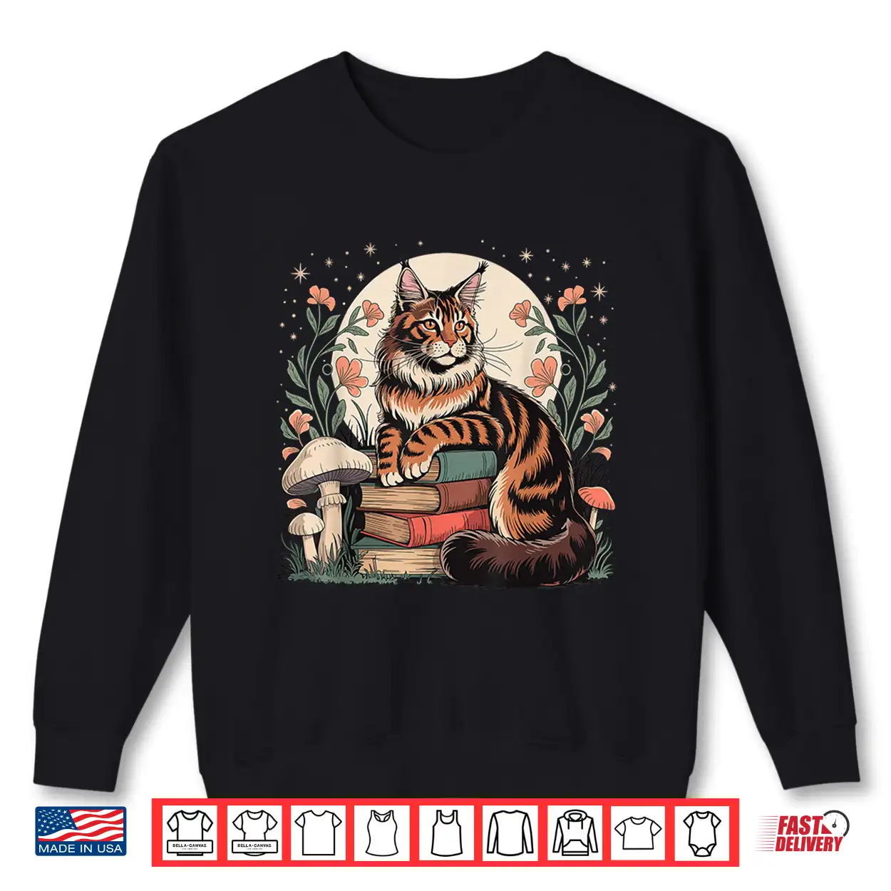 Cottagecore Maine Coon Cat & Books Reader Whimsical Art Shirt