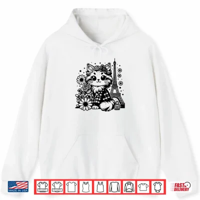 Hoodie French Paris Eiffel Tower Kawaii Mainecoon Cat Flowers Shirt