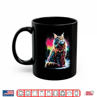 Mug Colorful Maine Coon cat Aurora Borealis Winter Season Forest Shirt