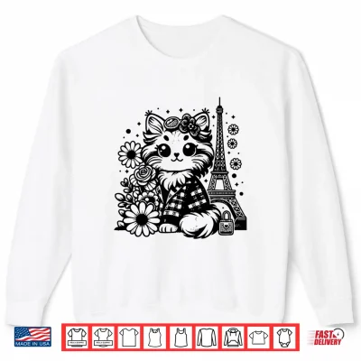 Sweatshirt French Paris Eiffel Tower Kawaii Mainecoon Cat Flowers Shirt