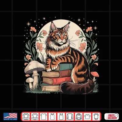 Design Cottagecore Maine Coon Cat Books Reader Whimsical Art Shirt