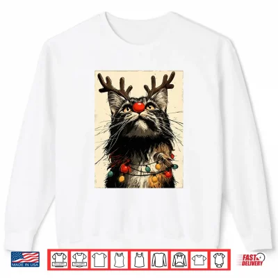 Sweatshirt Funny Christmas Maine Coon Cat Holiday Lights Festive Animal Shirt