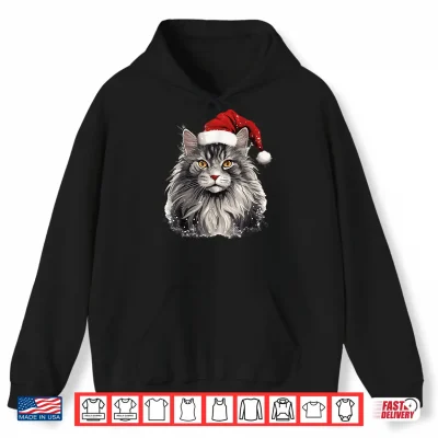 Hoodie Maine Coon Cat Breed Pet with a Christmas Hat Shirt