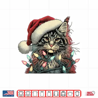 Design Maine Coon Cat Chew Christmas Light Xmas Holiday Funny Cute Shirt