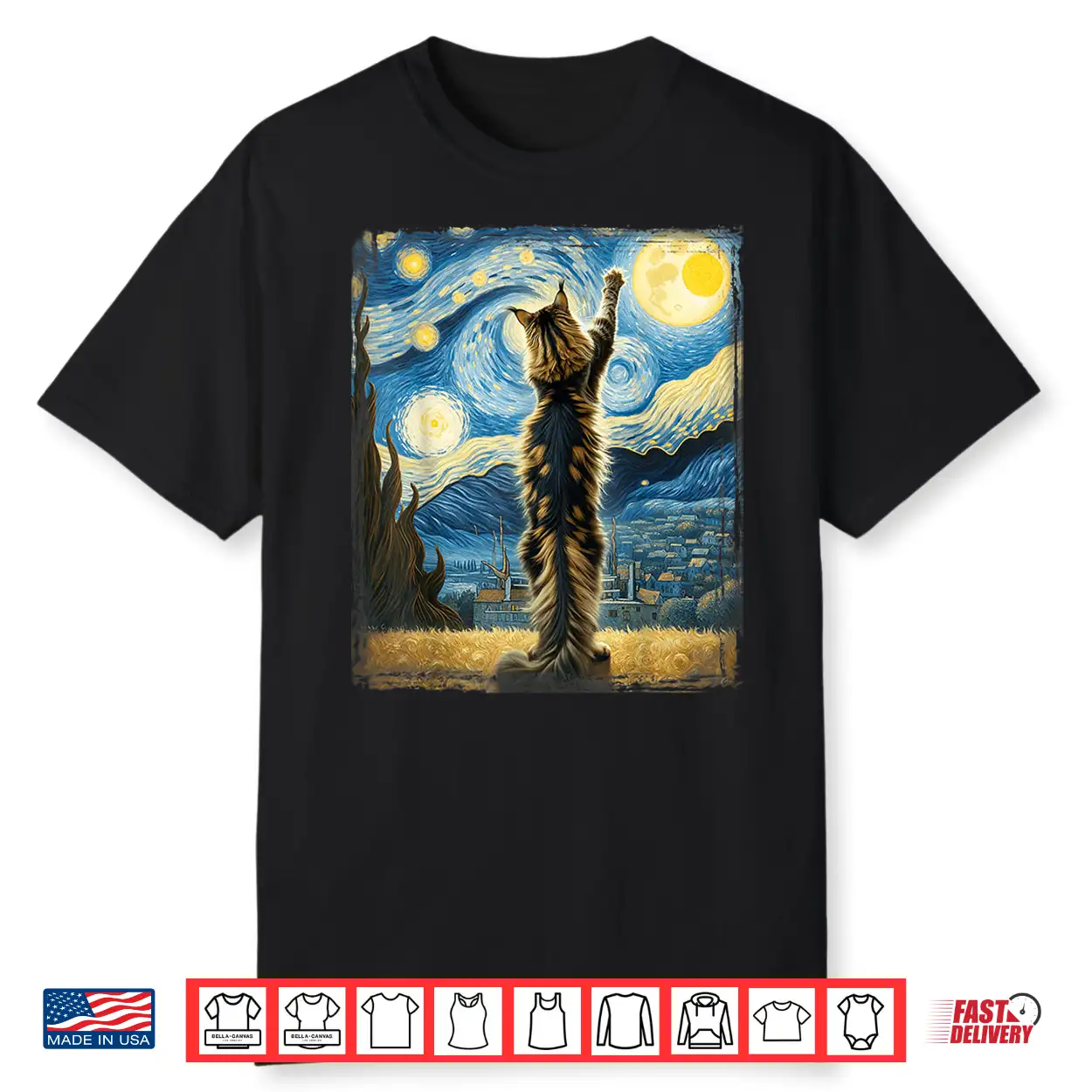 Van Gogh Starry Night Style Artistic Maine Coon Cat Shirt