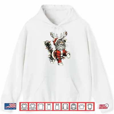 Hoodie Maine Coon Cat Santa Hat Christmas Tree Light Pajamas Mom Shirt