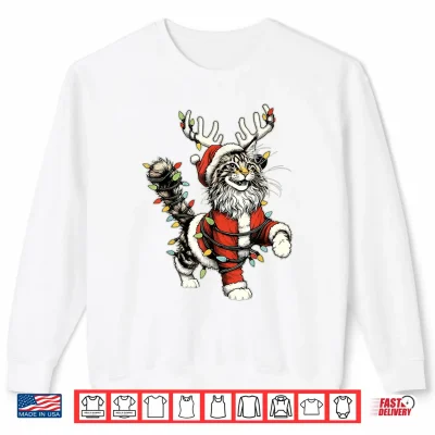 Sweatshirt Maine Coon Cat Santa Hat Christmas Tree Light Pajamas Mom Shirt