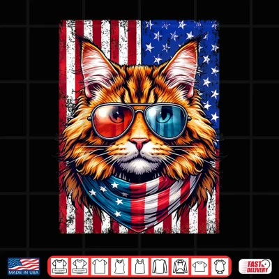 Design Maine Coon Wearing USA Flag Cat Lover Patriotic 4th of July Shirt