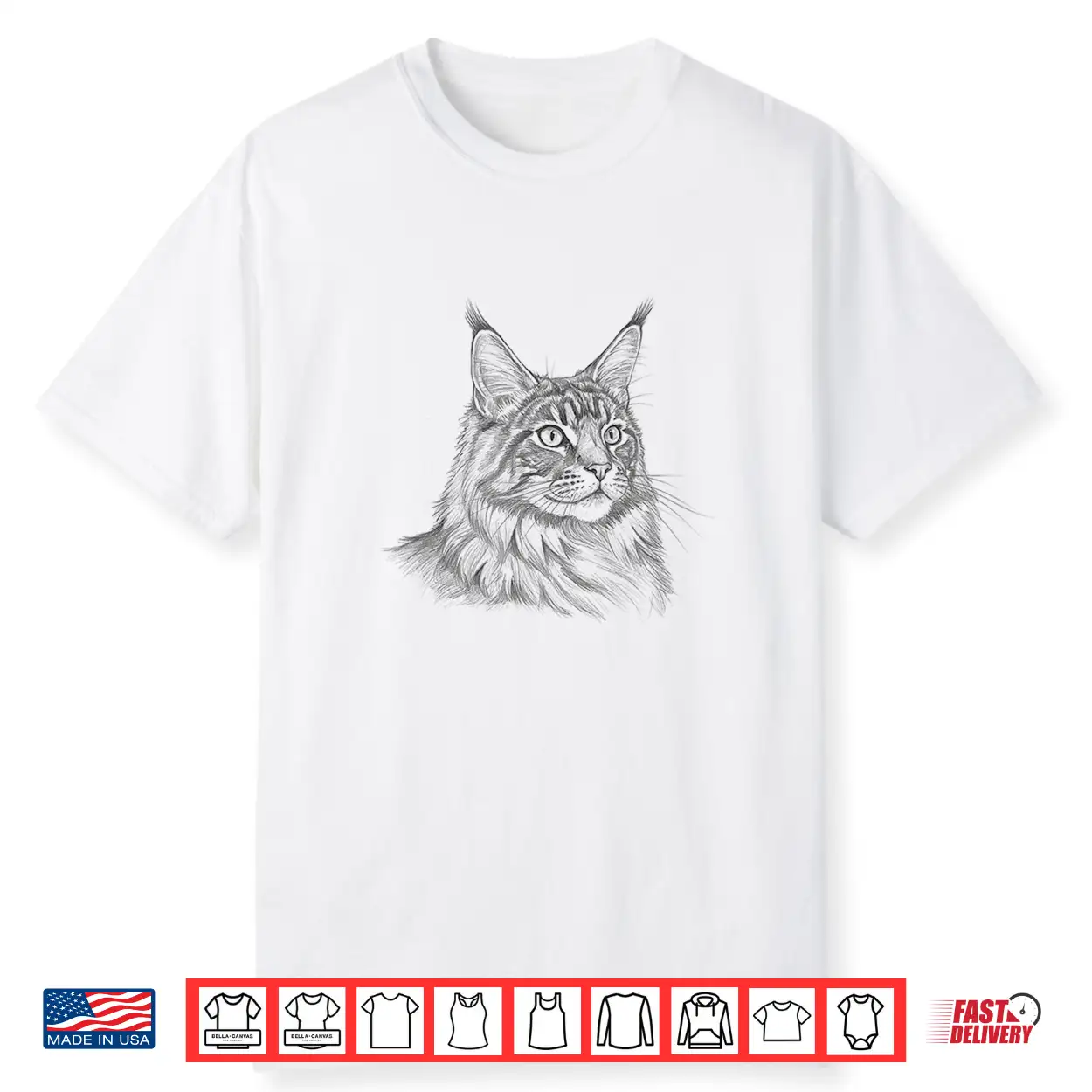 Vintage Maine Coon Cat Drawing Art Design Shirt