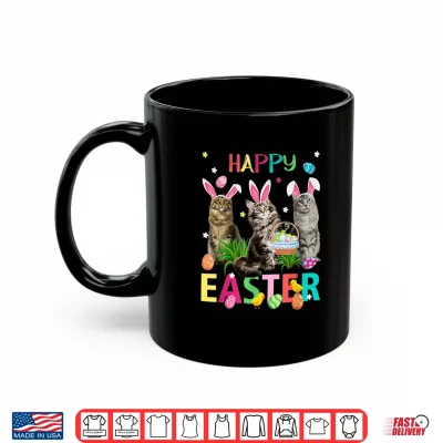 Mug Cute Three Maine Coon Cats Wear Bunny Ears Happy Easter Day Shirt