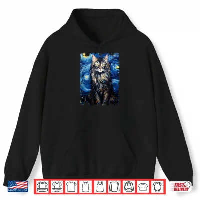 Hoodie Maine Coon Cat Starry Night Painting Mom Dad Shirt
