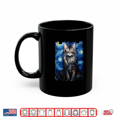 Mug Maine Coon Cat Starry Night Painting Mom Dad Shirt