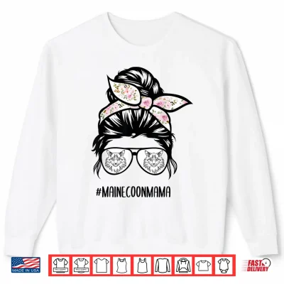 Sweatshirt Maine Coon Cat mom messy bun hair glasses Shirt