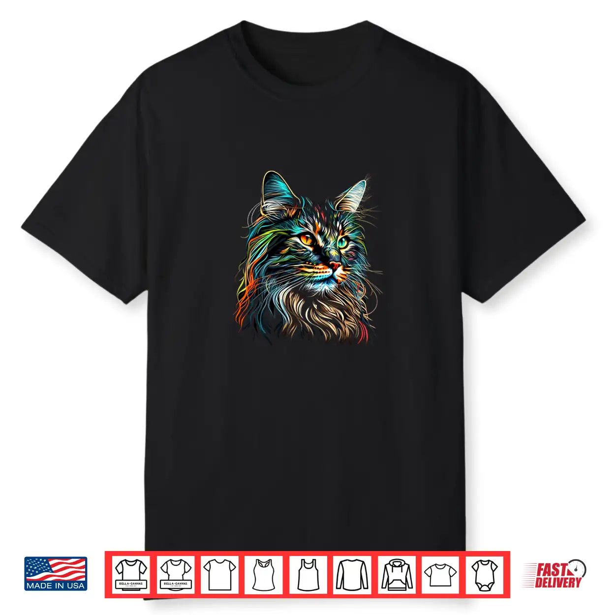 Colorful Maine Coon Cat Face Art Beautiful Cats Black Shirt