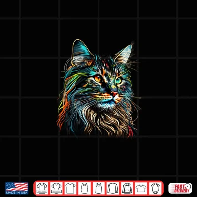 Design Colorful Maine Coon Cat Face Art Beautiful Cats Black Shirt
