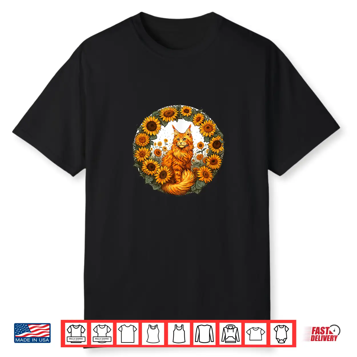 Orange Maine Coon Cat Art And Sunflowers Shirt