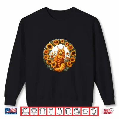 Sweatshirt Orange Maine Coon Cat art and sunflowers Shirt