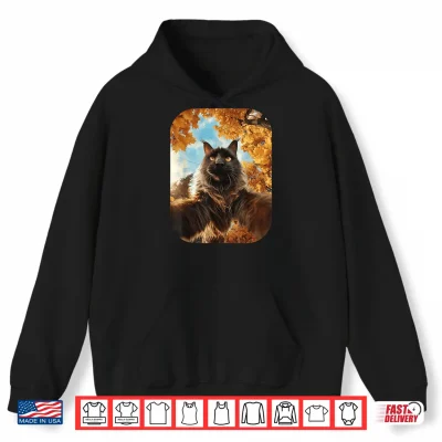 Hoodie Cute Maine Coon Cat Selfie Fall Leaves Forest Autumn Animal Shirt