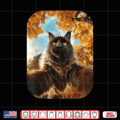 Design Cute Maine Coon Cat Selfie Fall Leaves Forest Autumn Animal Shirt