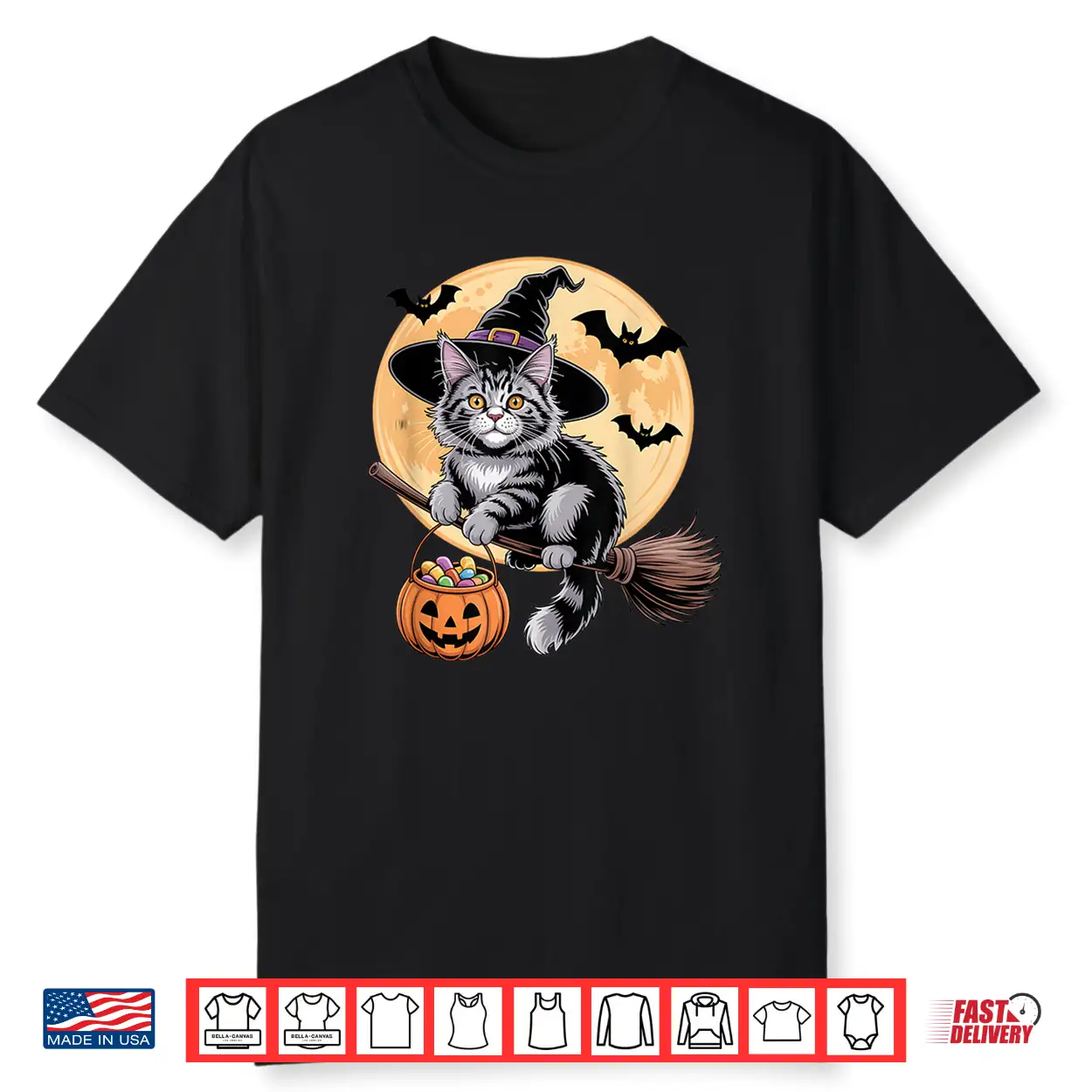 Maine Coon Cat Witch Hat Pumpkin Halloween Costume Men Women Shirt