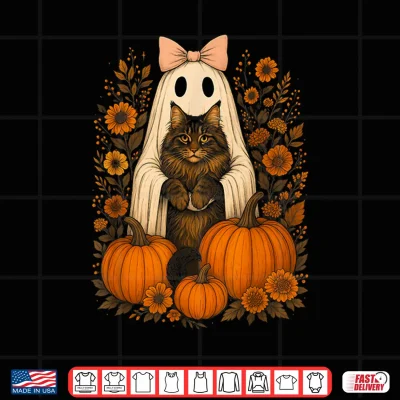 Design Vintage Halloween Ghost Holding Maine Coon Cat Shirt