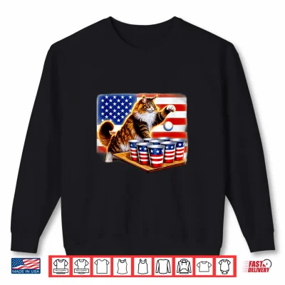 Sweatshirt Funny USA Flag 4th of July Maine Coon Cat Beer Pong Champion Shirt