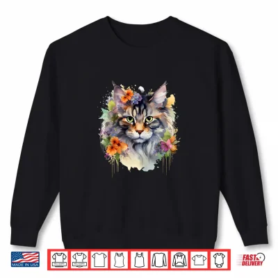 Sweatshirt Floral Watercolor Maine Coon Cat Shirt
