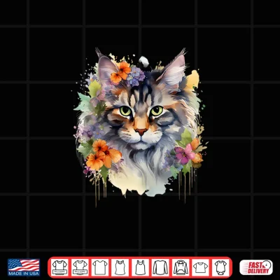 Design Floral Watercolor Maine Coon Cat Shirt