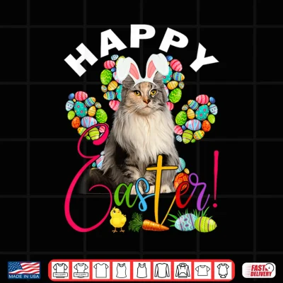 Design Maine Coon Cat Bunny Ears Easter Eggs Cat Paw Easter Day Shirt