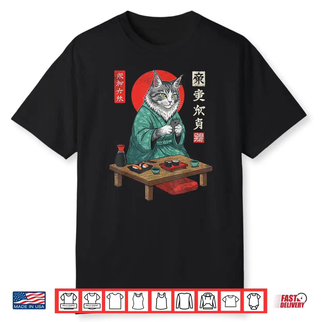 Maine Coon Sushi Cat In Kimono And Smartphone Japanese Art Shirt