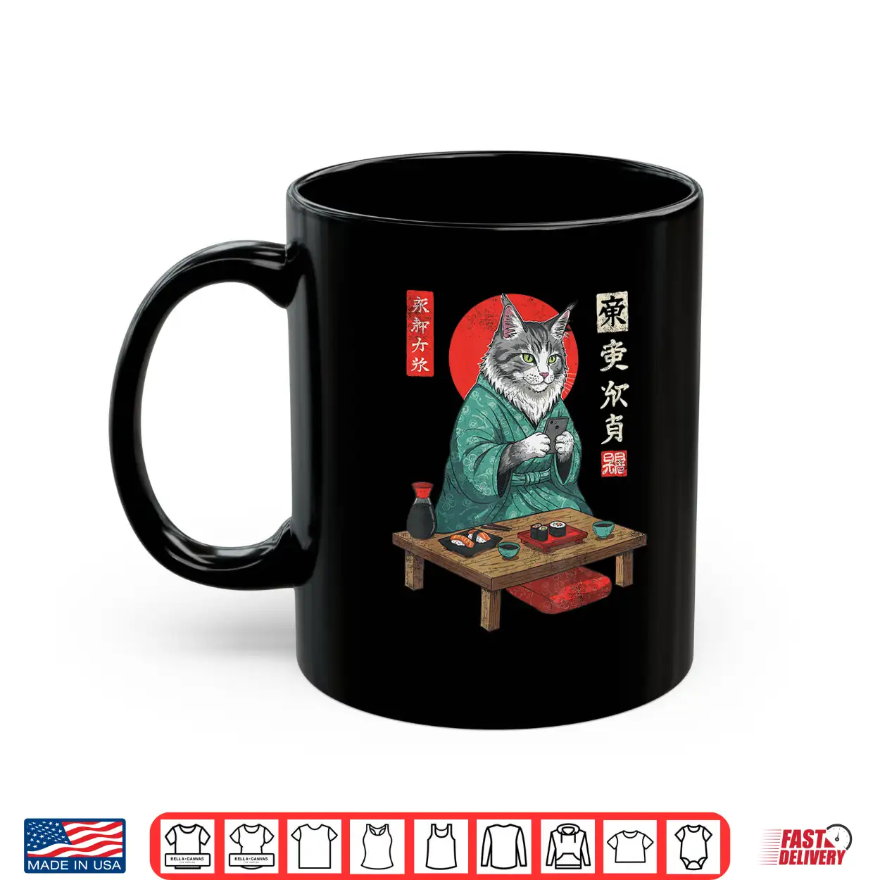 Maine Coon Sushi Cat In Kimono And Smartphone Japanese Art Shirt Maine Coon Sushi Cat In Kimono And Smartphone Japanese Art Shirt