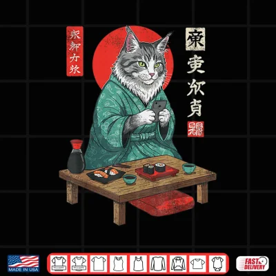 Maine Coon Sushi Cat In Kimono And Smartphone Japanese Art Shirt 4 Design Maine Coon Sushi Cat in Kimono and Smartphone Japanese Art Shirt