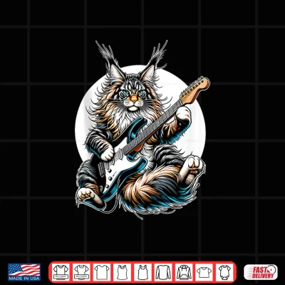 Design Rock Cat Playing E Guitar Funny Guitar Maine Coon Cat Shirt