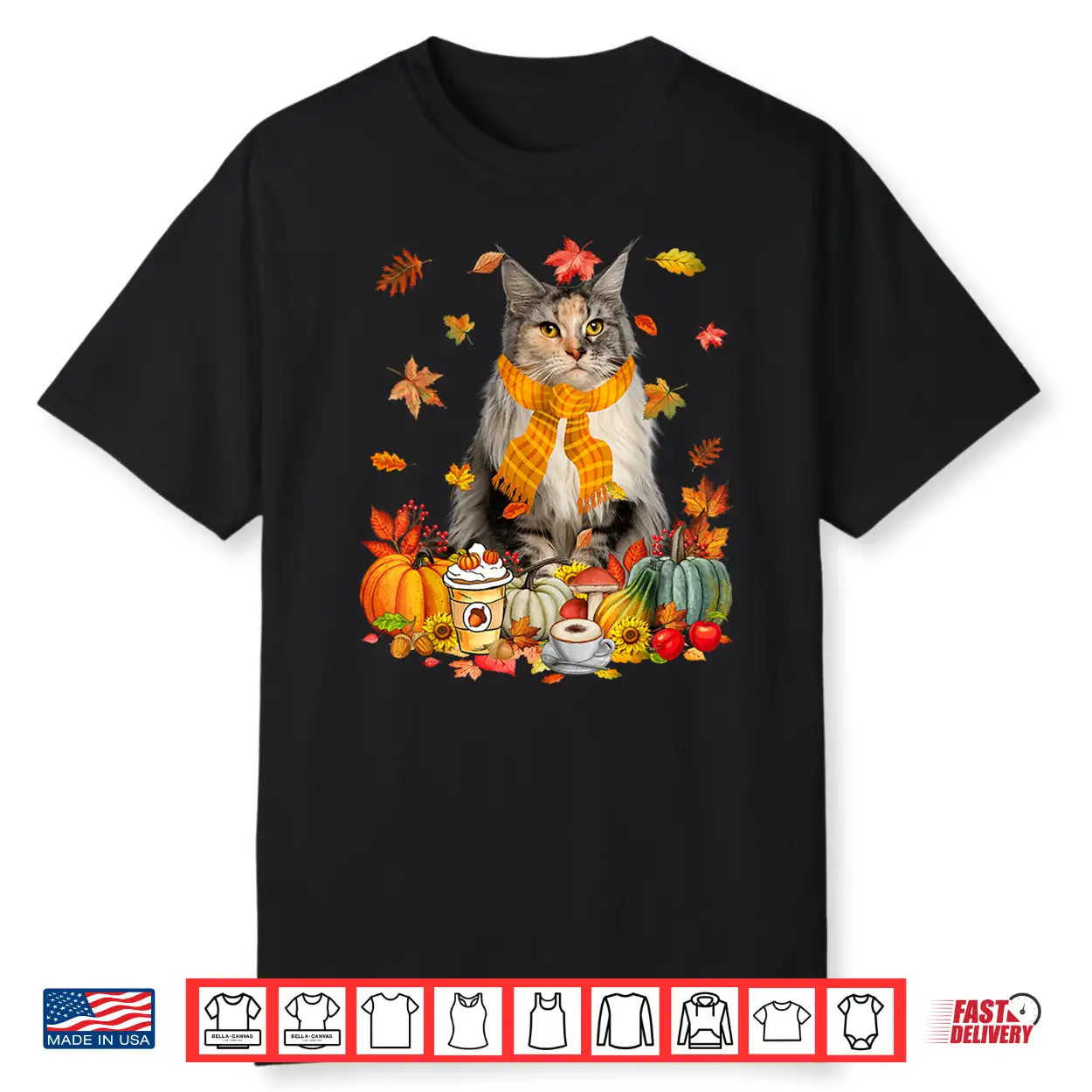 Cup Of Coffe Maine Coon Cat Pumpkins Fall Vibes Thanksgiving Shirt