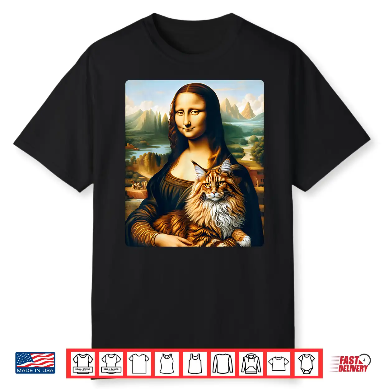 Mona Lisas Feline Companion Maine Coon Cat Artwork Shirt