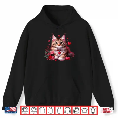 Hoodie Maine Coon Cat Valentine Hearts Men Women Kids Shirt