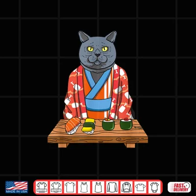 Design Kawaii Japanese British Shorthair Cat Kimono Sushi Shirt