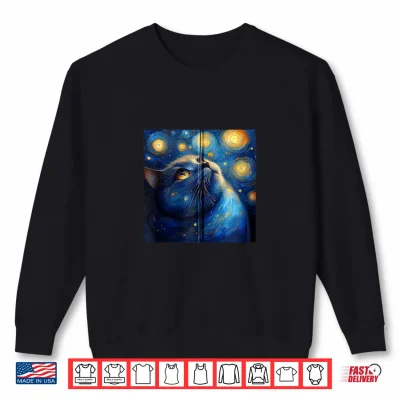 Sweatshirt British Shorthair Chonky Cat Starry Night Van Gogh Painting Shirt