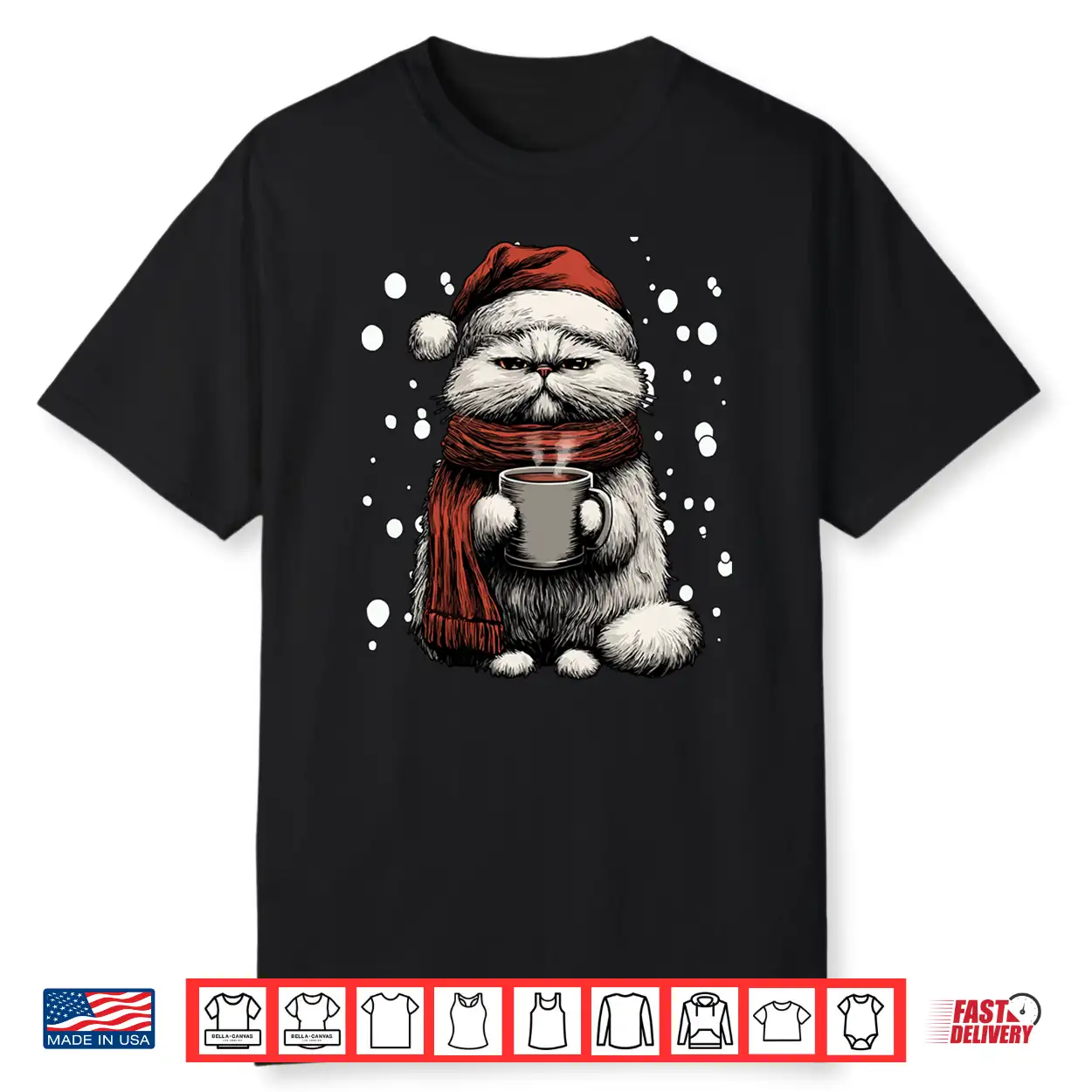 Christmas Persian Cat Santa Hat Coffee Lover Funny Winter Shirt