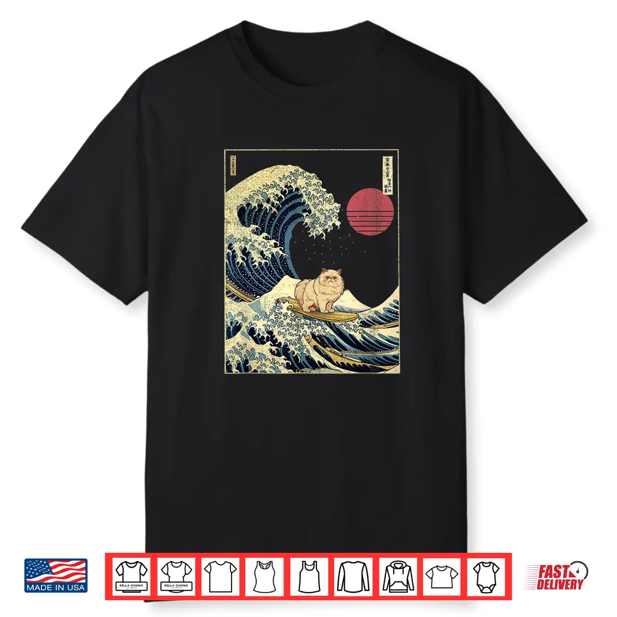 Persian Cat Japanese Kanagawa Wave Funny Surf Animal Shirt