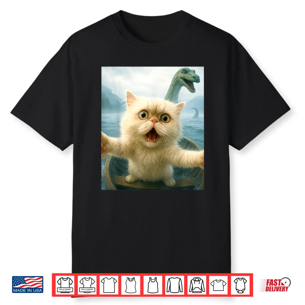 Scared Selfie Persian Cat Chased By Loch Ness Monster Nessie Shirt