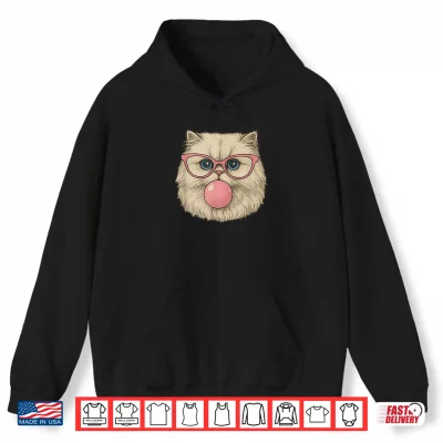 Hoodie Funny Cat with Pink Glasses Bubble Gum Retro Vintage Cats Shirt