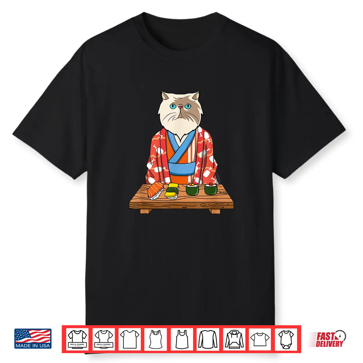 Kawaii Japanese Persian Cat Kimono Sushi Shirt