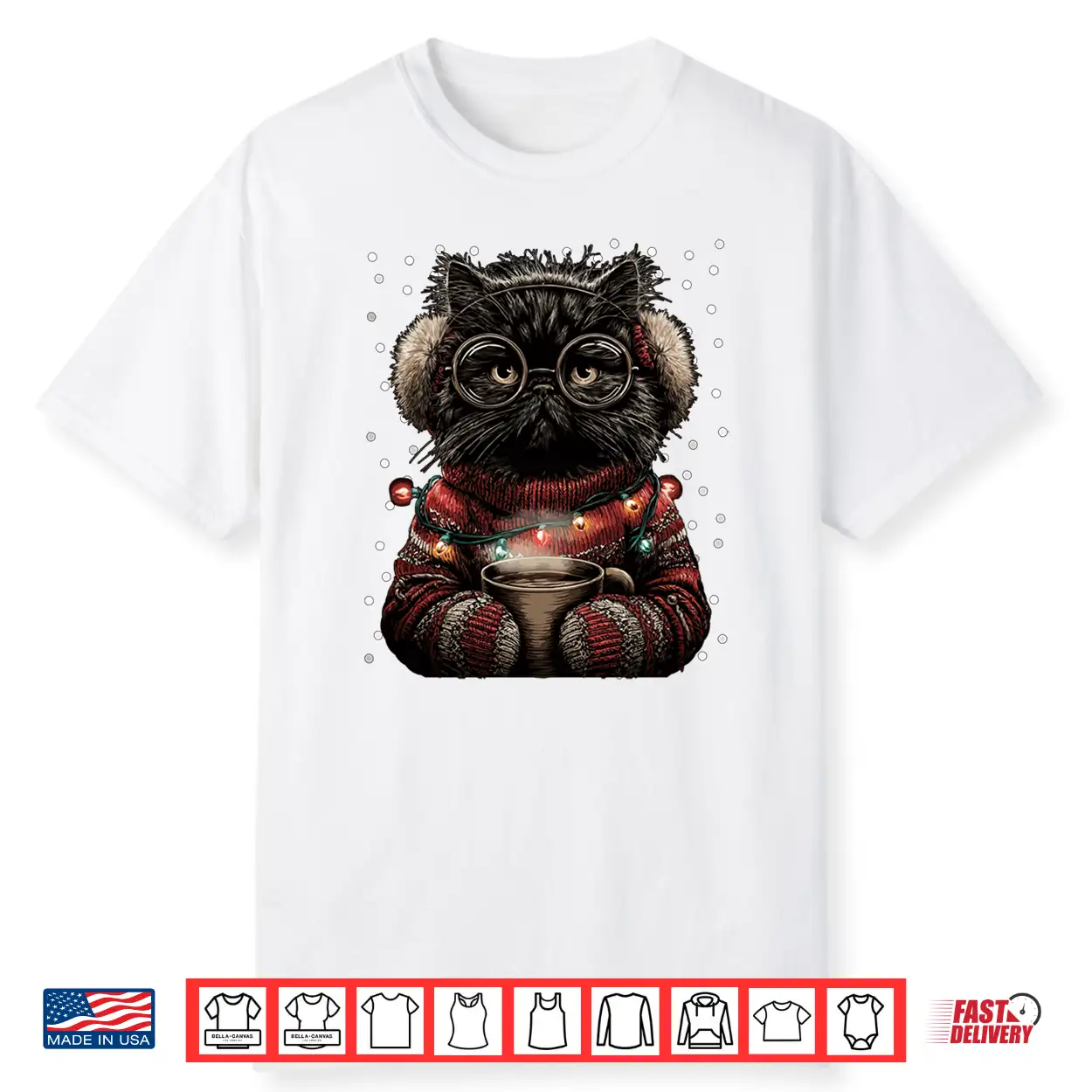 Persian Cat In Glasses Christmas Lights Coffee Winter Kitten Shirt