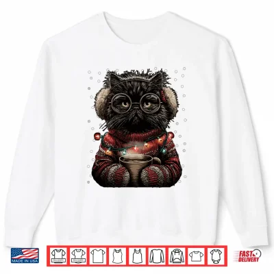 Sweatshirt Persian Cat in Glasses Christmas Lights Coffee Winter Kitten Shirt