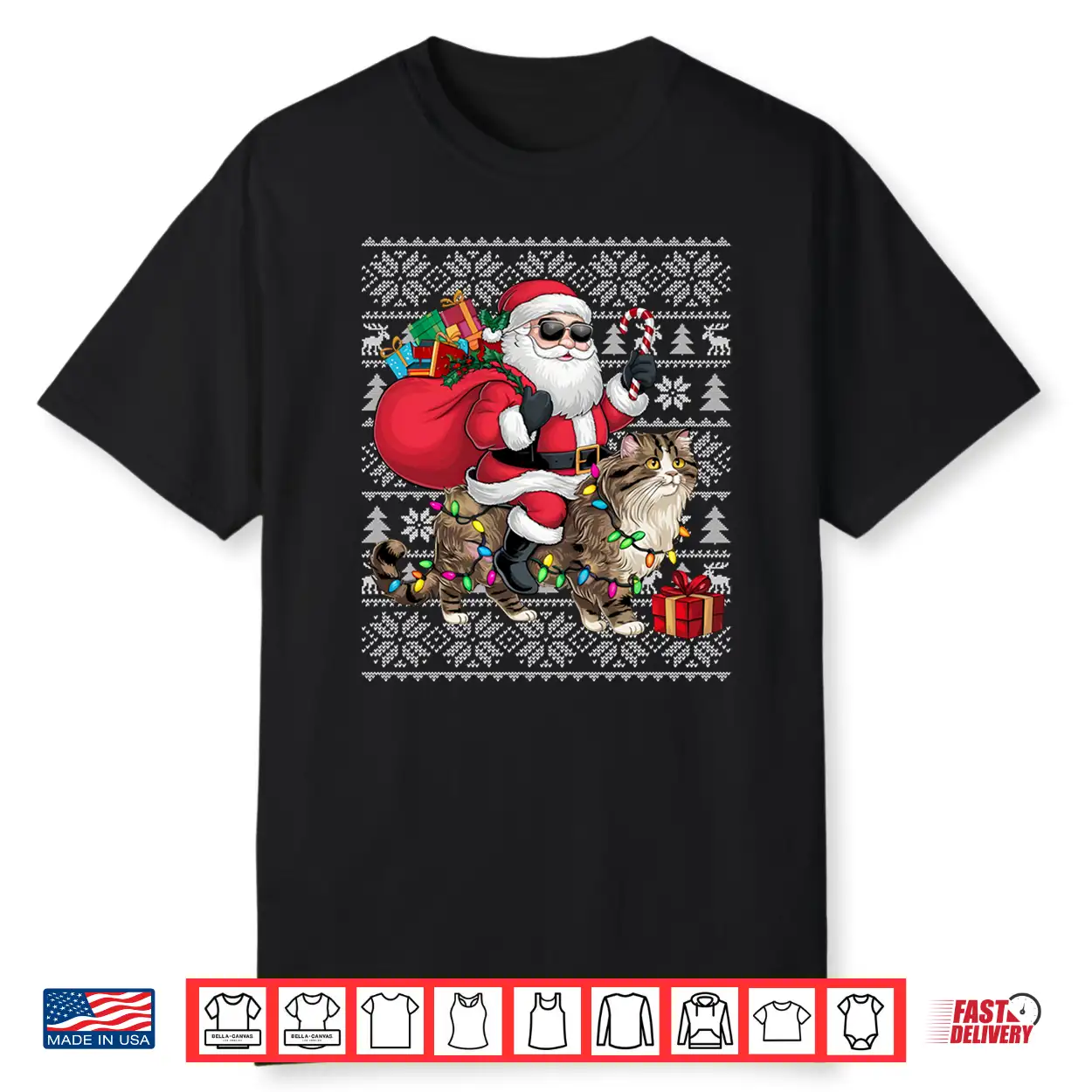 Ugly Xmas Sweater Style Santa Riding Persian Cat Christmas Shirt