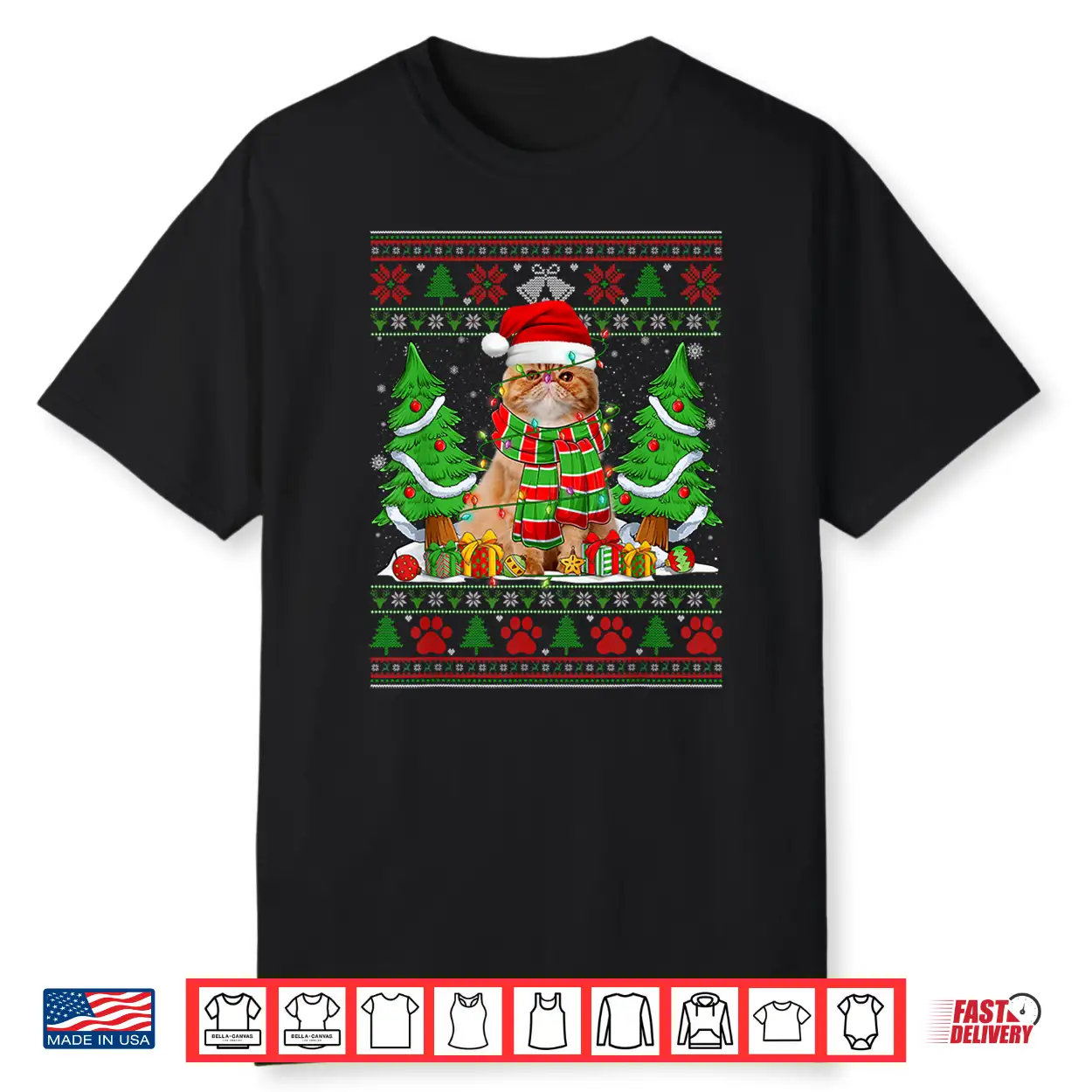 Funny Persian Cat Santa Hat Ugly Christmas Sweater Xmas Pjs Shirt