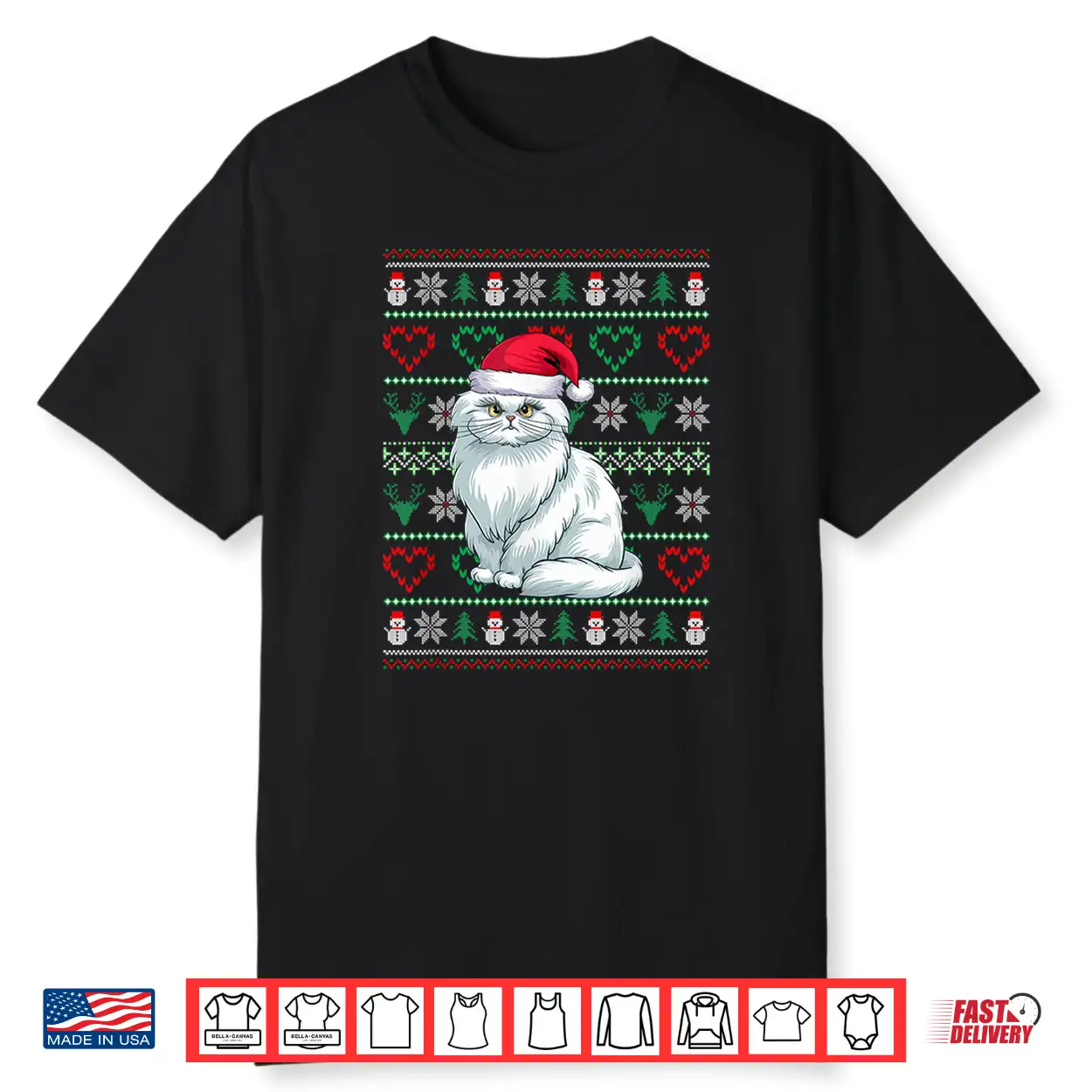 Ugly Christmas Persian Cat Wearing Santa Hat Xmas Pajama Shirt