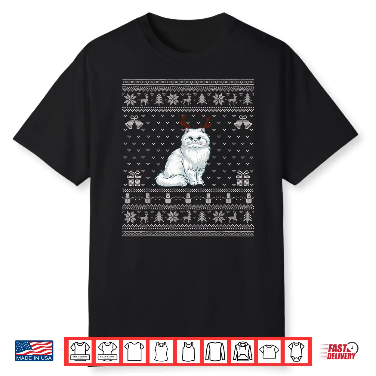 Ugly Xmas Sweater Style Persian Cat Reindeer Christmas Shirt
